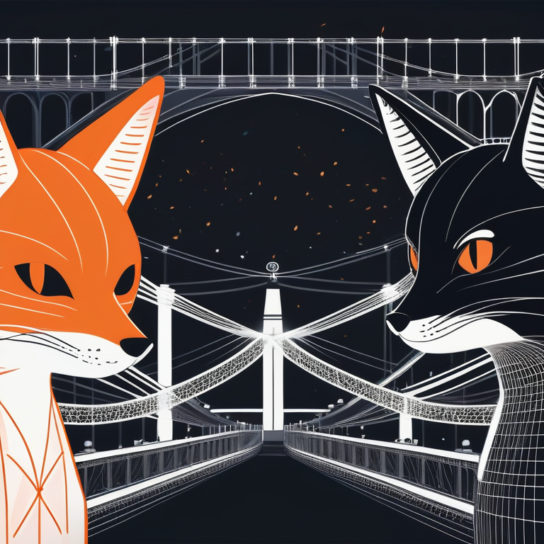 Illustration of the GitLab fox and the GitHub octocat icons connected by a code bridge, symbolizing continuous development.