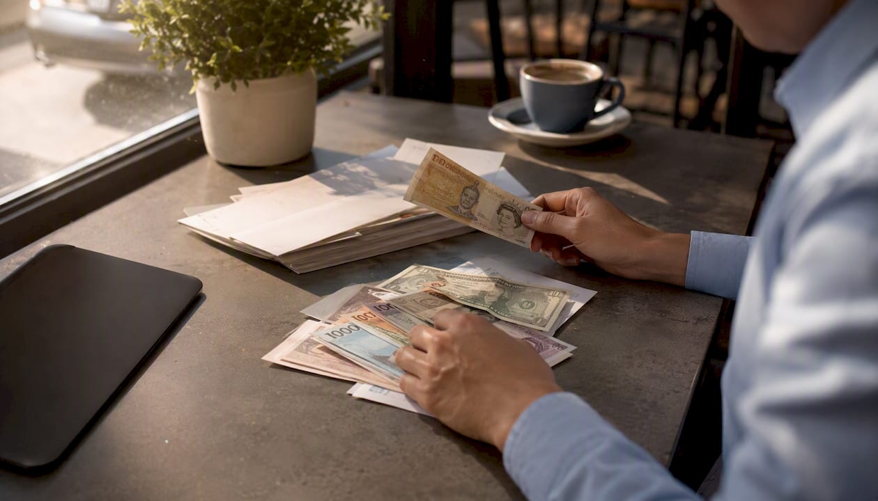 Hands sorting international payment documents