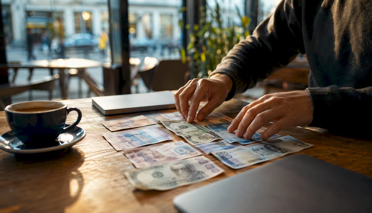 Hands arranging international currencies on a desk