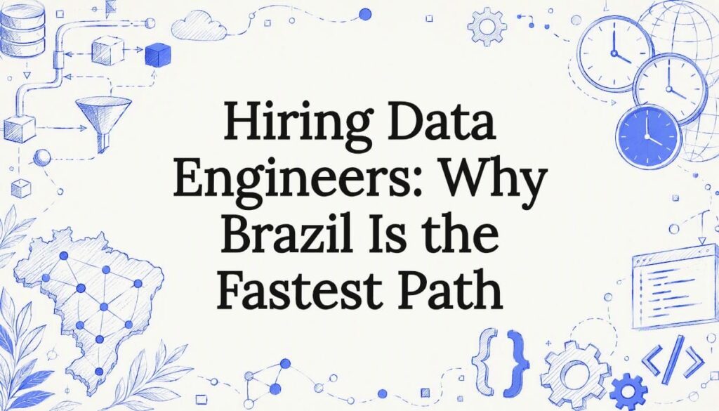 Decorative illustrated title card for hiring data engineers from Brazil