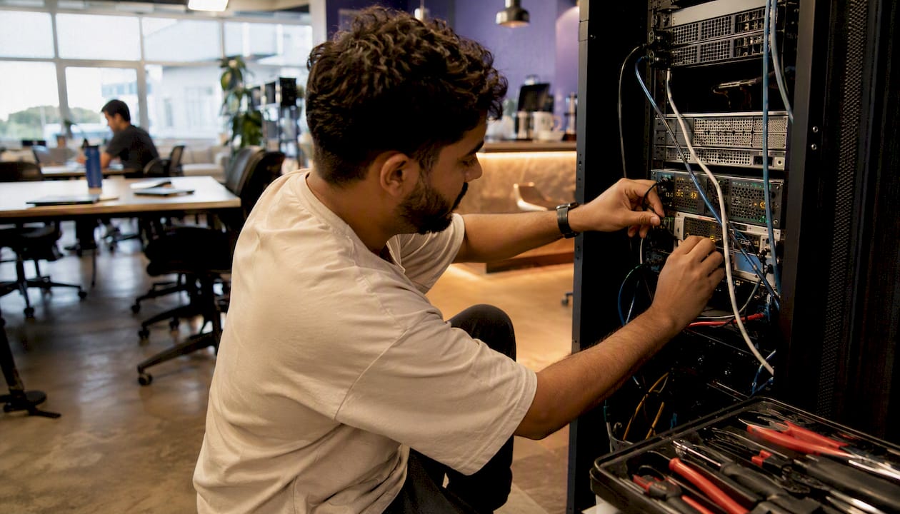Hands wiring server rack component