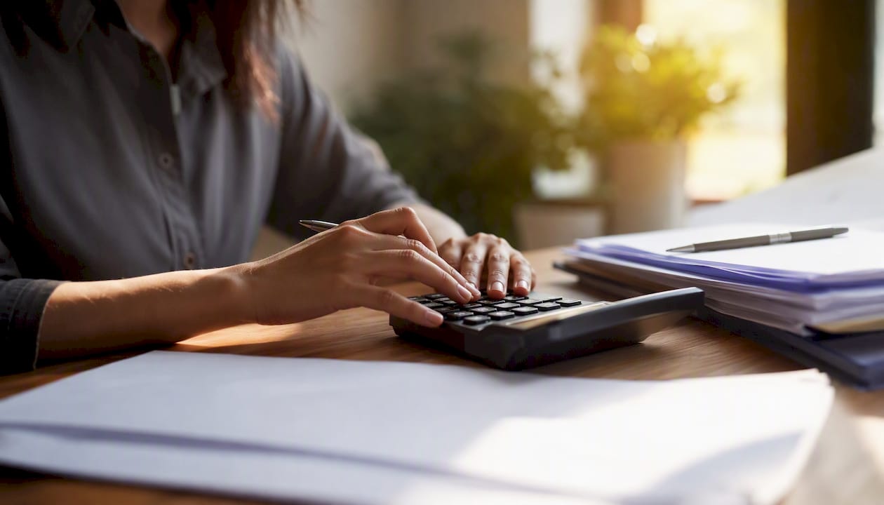 Hands calculating payroll with documents and calculator