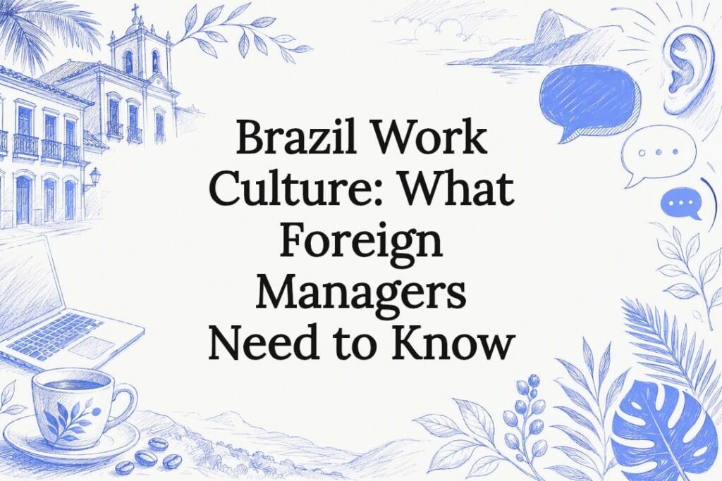 Decorative title card illustration with Brazilian work culture theme