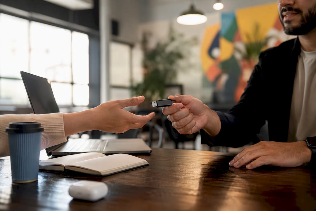 Hands exchanging USB drive in office