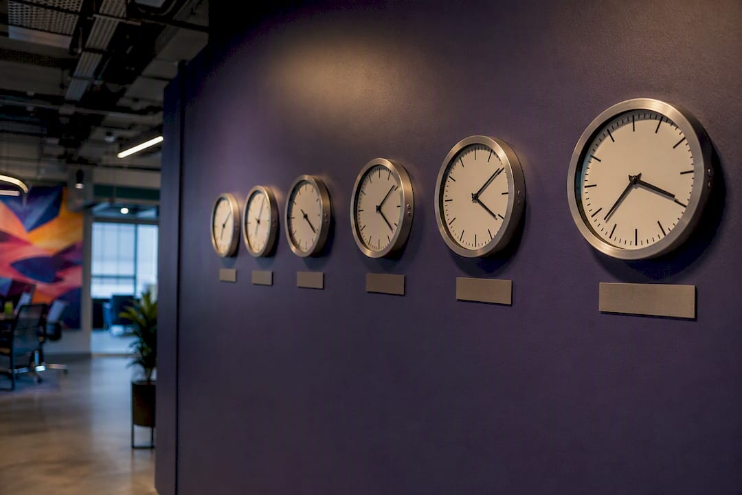 Office wall with multiple timezone clocks