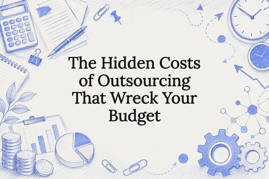 Decorative title card illustration with budgeting and outsourcing symbols