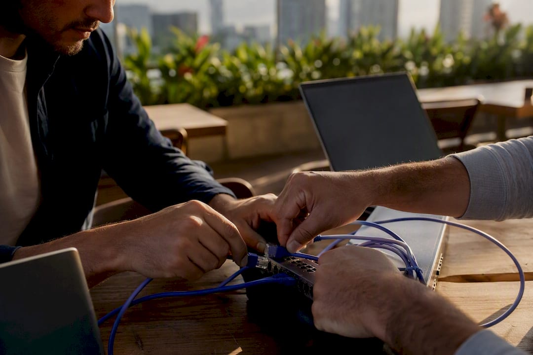Hands connecting network cables in tech workspace