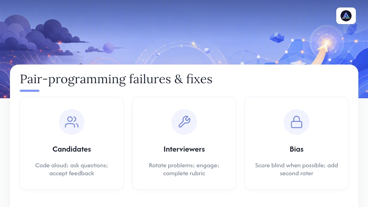 Diagram of common pair programming interview mistakes and fixes