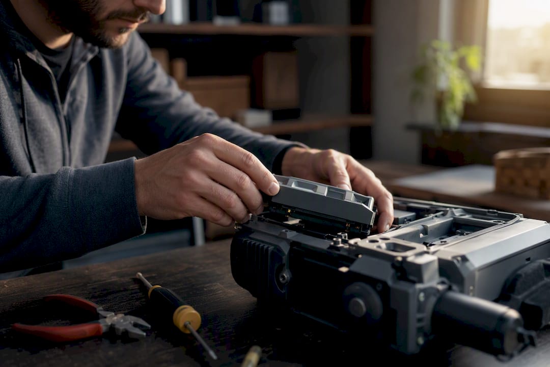 Hands replacing battery pack on an industrial device
